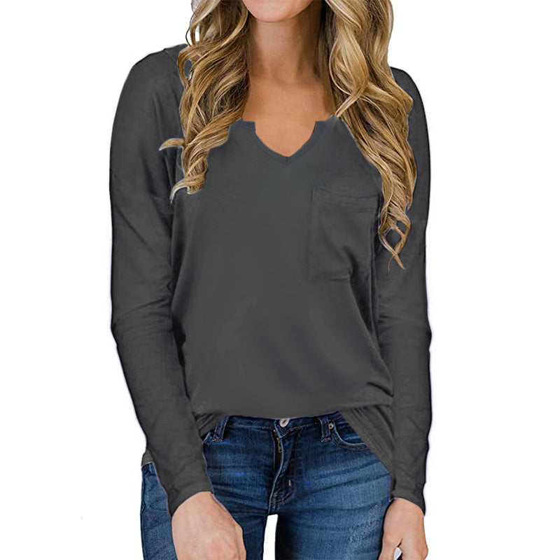 Women's Solid Color Long Sleeve V-Neck Pocket Top Cotton T-Shirt