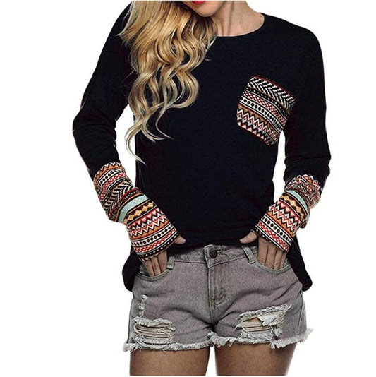 Women's Long Sleeve O-Neck Patchwork Casual Loose T-Shirts Blouse