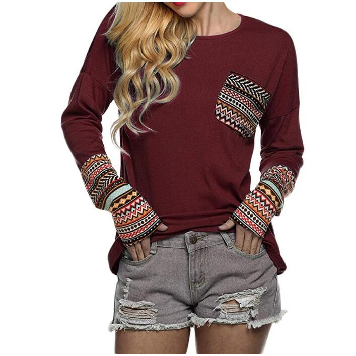 Women's Long Sleeve O-Neck Patchwork Casual Loose T-Shirts Blouse