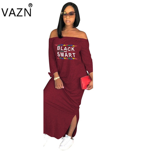 Autumn Special Style Arrive Best Quality Women Maxi Dress Letter Slash Neck Full Sleeve Loose Hollow Out Dress