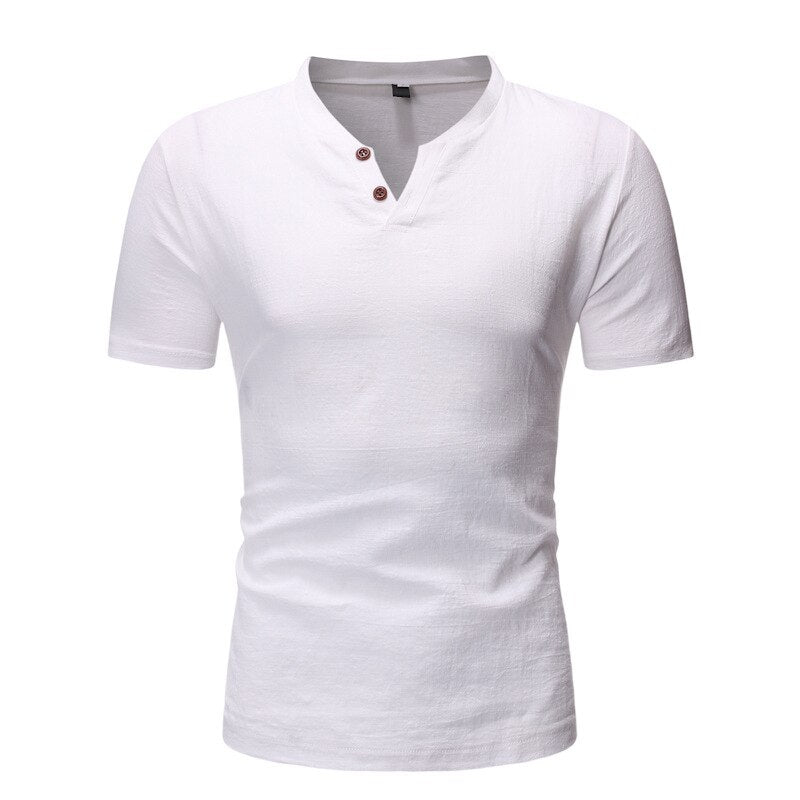 Mens Casual Button Down Dress Shirts  Summer Short Sleeve Linen Henley Shirt Men Slim Fit T Shirt