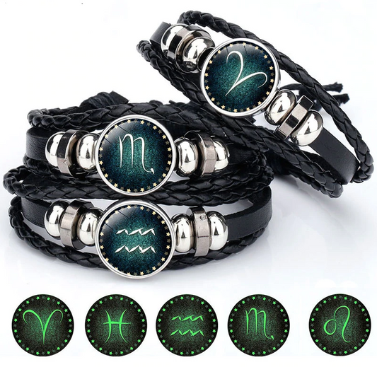 12 Constellation Luminous Bracelet Men Leather Bracelet Charm Bracelets for Men Boys Women Girl Jewelry Accessories Gifts