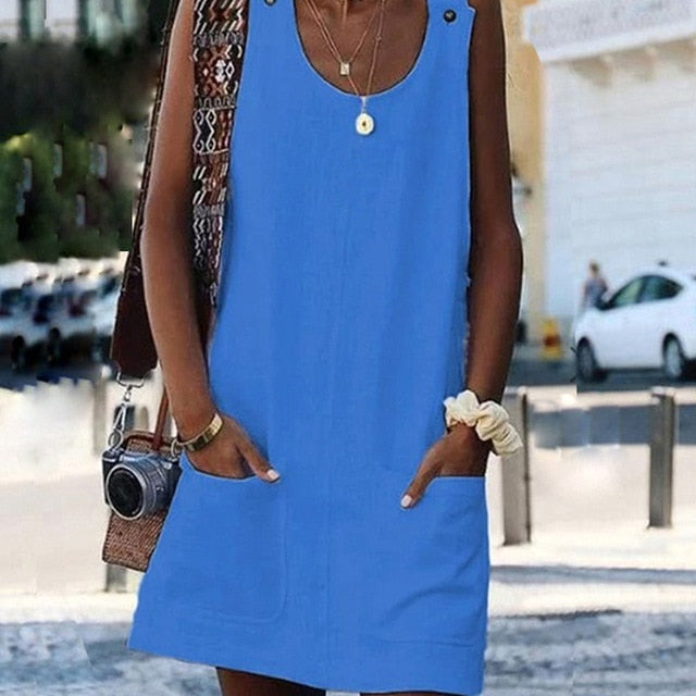 O-neck Button Mini Dresses Summer Solid sleeveless Pockets Dress Casual Beach A-line Dress
