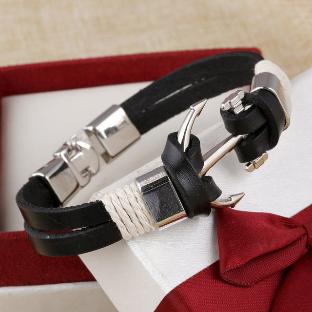 Wholesale Cuff braided Wrap Bracelet & Bangles Men Jewelry Pirate Genuine Leather Anchor Bracelets Vintage Men's Jewelry