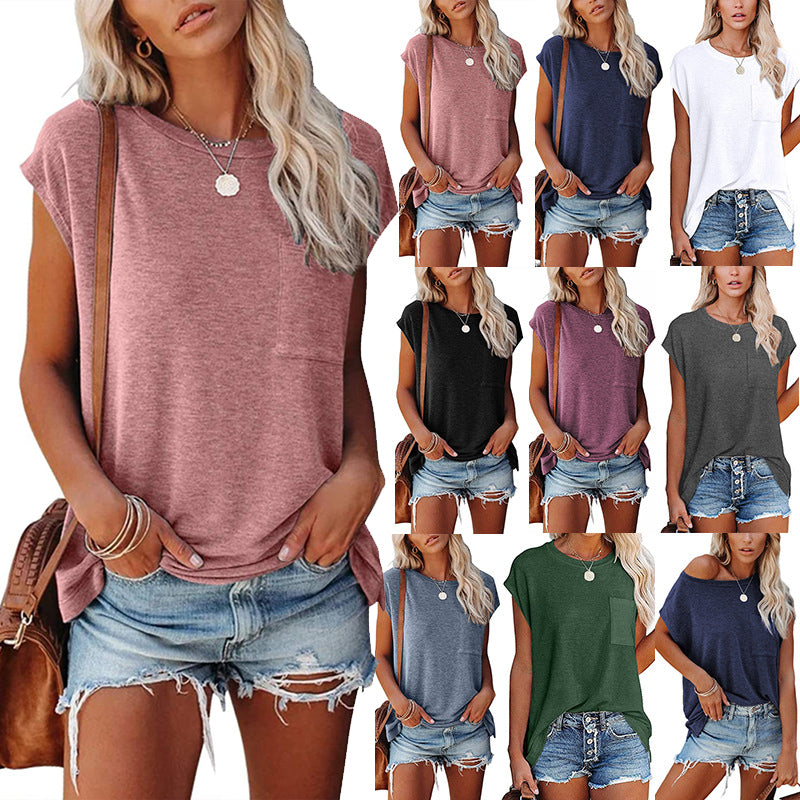 Women's Tank Top Solid Color Simple Pocket Side Slit Crew Neck Sleeveless T-Shirt