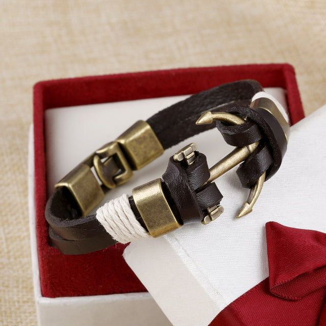 Wholesale Cuff braided Wrap Bracelet & Bangles Men Jewelry Pirate Genuine Leather Anchor Bracelets Vintage Men's Jewelry