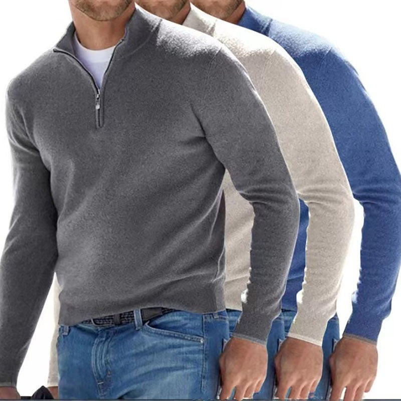 New autumn long sleeved V-neck wool zipper men's casual top polo shirt