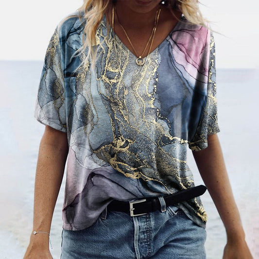 Women's V-neck short sleeved printed T-shirt in marble style