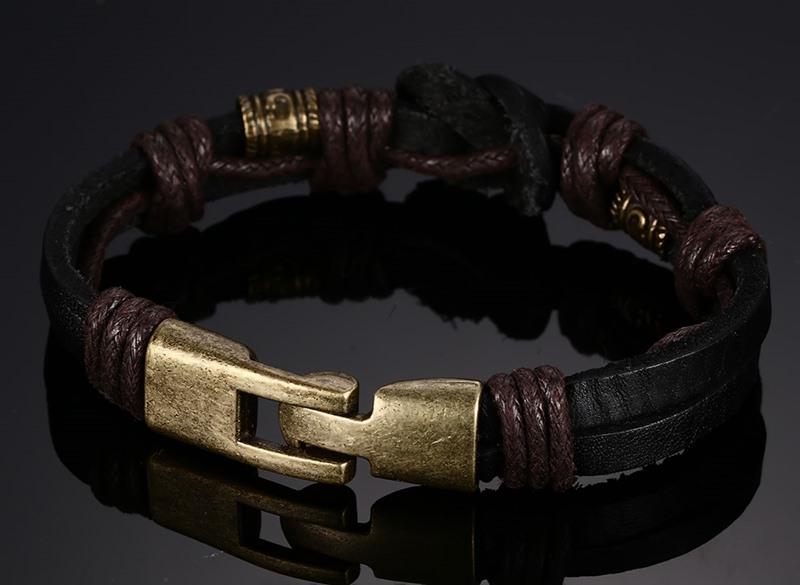 Vnox Leather Bracelet Bronze alloy Buckle Easy Hook For Men