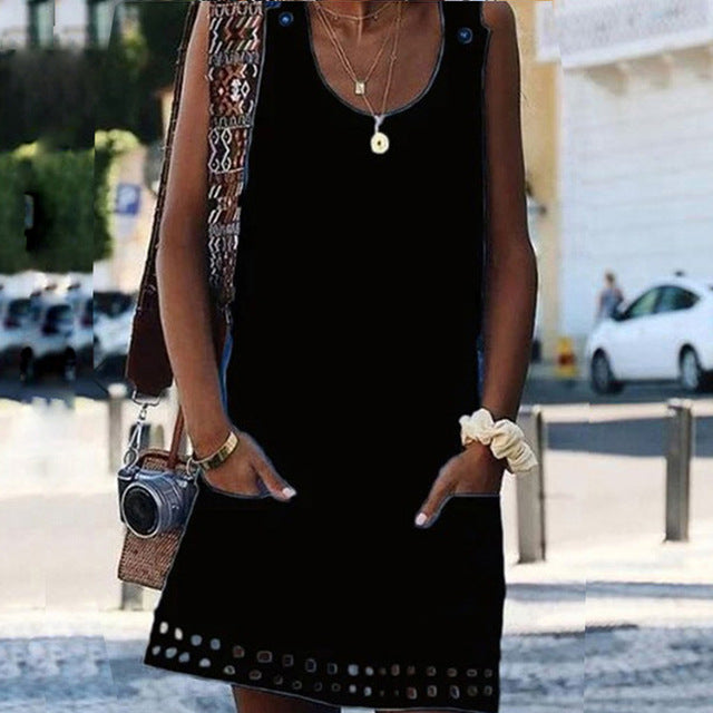 O-neck Button Mini Dresses Summer Solid sleeveless Pockets Dress Casual Beach A-line Dress