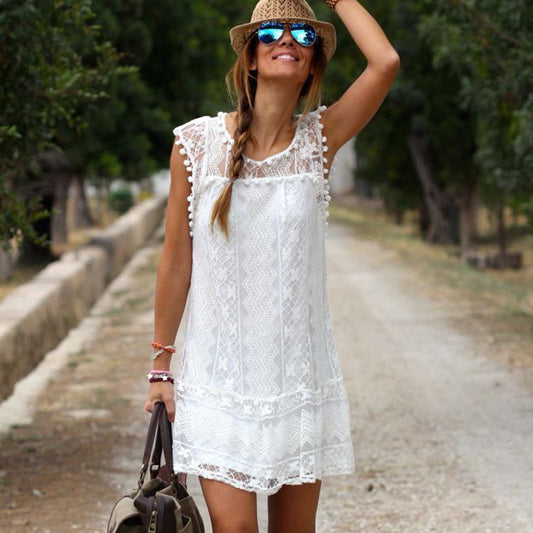 White Lace Wool Ball Elegant Sleeveless Dress With Lining