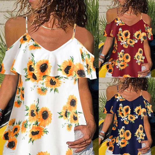 Women's Summer Casual Suspender Strapless Ruffled Sunflower Print Shirt Top