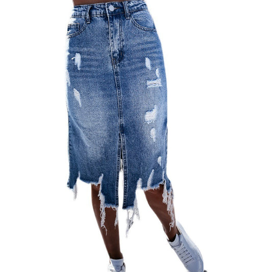 New Women's Ripped Irregular Denim Skirt Fashion Mid Length Tassel Jeans Skirt Casual Female Clothing