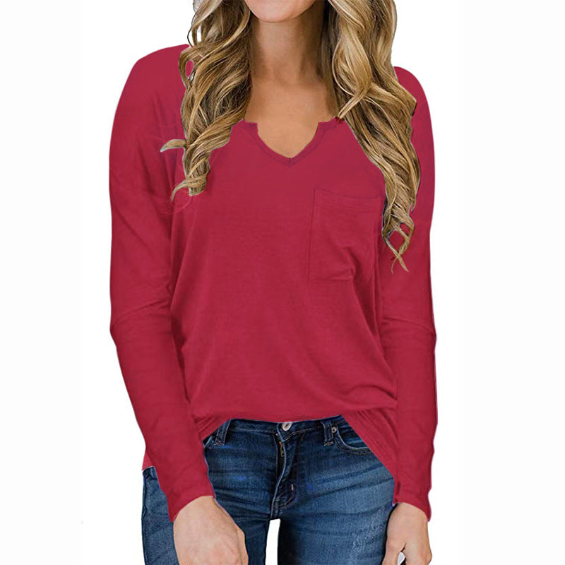 Women's Solid Color Long Sleeve V-Neck Pocket Top Cotton T-Shirt
