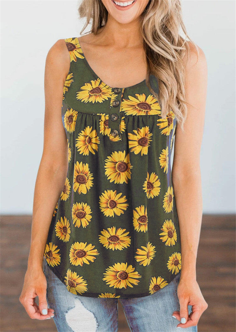 Women's Sleeveless Tank Top Sunflower Print Casual Loose Top T-Shirt Women