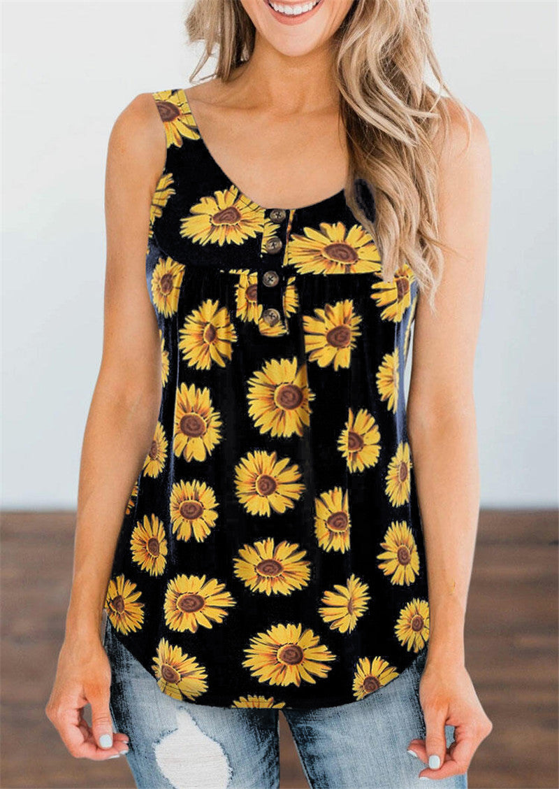 Women's Sleeveless Tank Top Sunflower Print Casual Loose Top T-Shirt Women