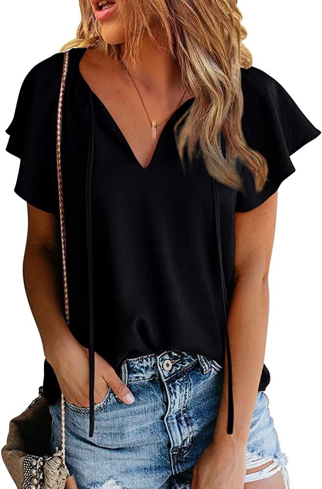 Women's Spring/Summer New Casual Printed V-Neck Short Sleeve Shirt Loose Top