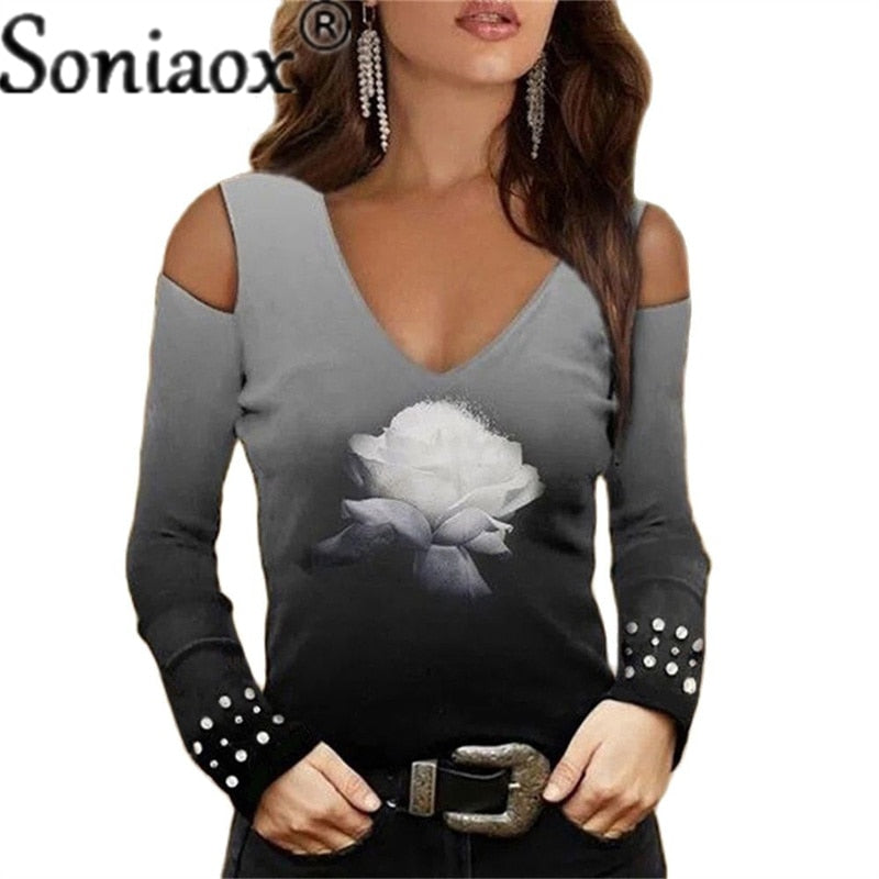 Autumn Fashion V-Neck Sexy Off-Shoulder Gradient Flower Print Long-Sleeve T-Shirt Ladies Casual Loose Street Clothing Tops