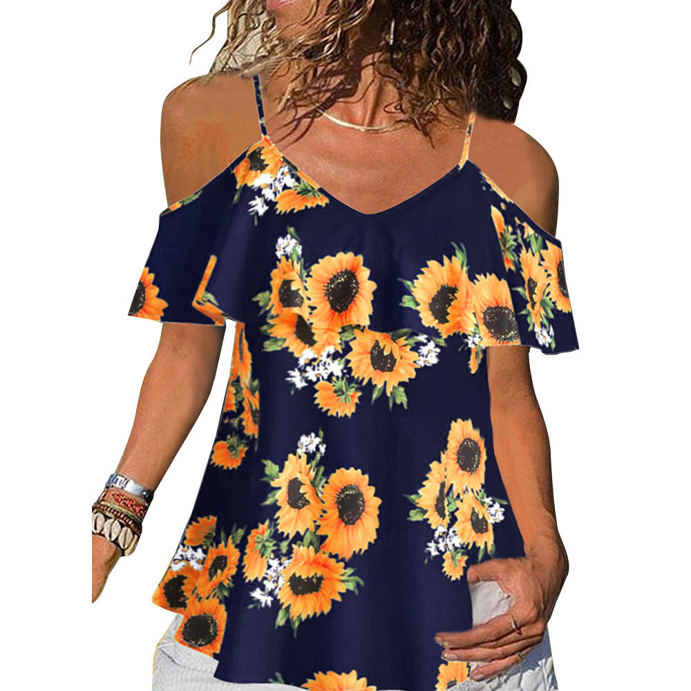 Women's Summer Casual Suspender Strapless Ruffled Sunflower Print Shirt Top