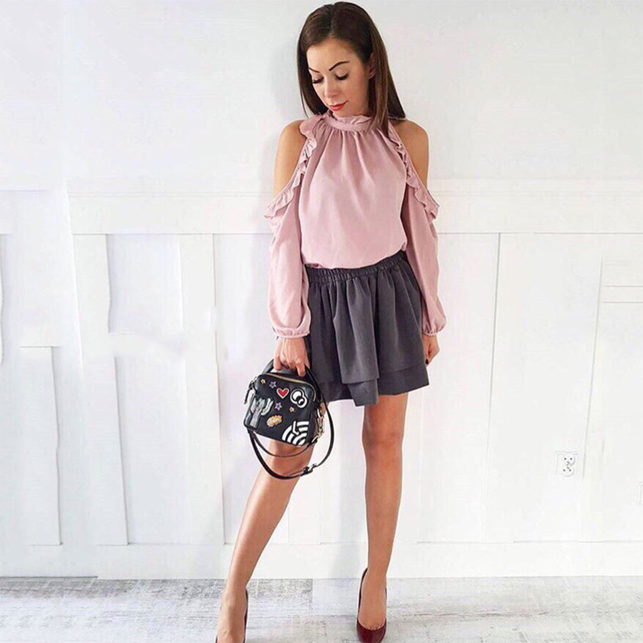Sexy Off Shoulder Shirt Autumn Summer Casual Long Sleeve Ruffle Burgundy Pink Shirt Women Fashion New Solid Blouses High Quality
